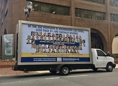 Skadden Arps gets  truck billboard treatment, with TransPerfect group claiming the law firm lacks diversity